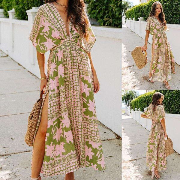 

summer bat sleeves v neck print high waist split dress for women, Black;gray