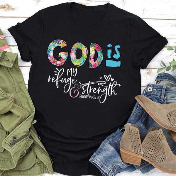 

god is strength print women shirt short sl, White