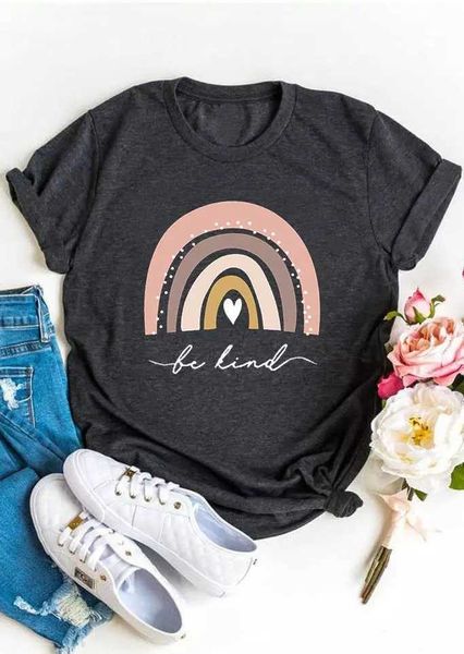 

new rainbow pattern short sleeve summer round neck pullover women's t-shirt, White