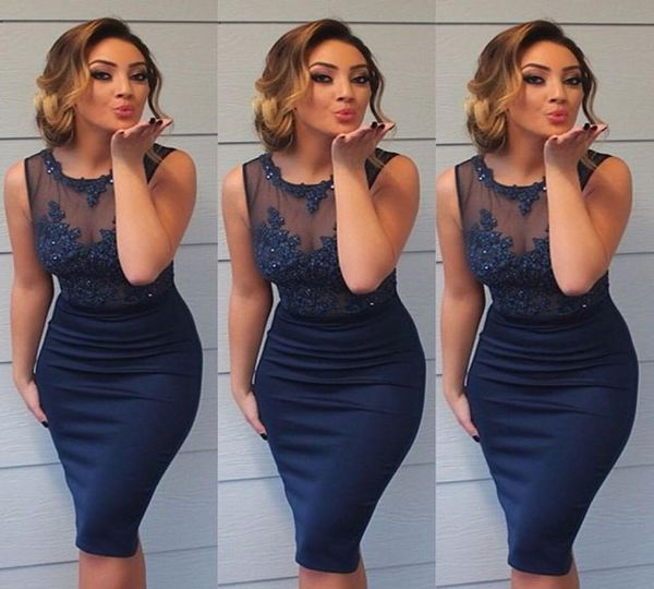 

knee length navy blue 2021 cocktail dresses prom dresses with illusion beaded sleeveless sheer neckline evening gowns formal party6594452, Black