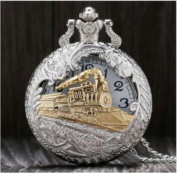 

vintage silver charming gold train carved openable hollow steampunk quartz pocket watch men women necklace pendant clock gifts4874002, Slivery;golden