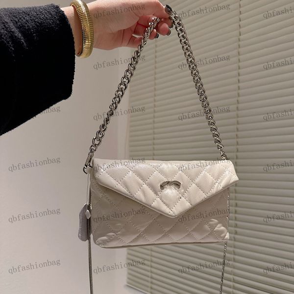 

designer womens shoulder bag envelope bag leather seam hardware metal c buckle silver chain handbag underarm bags thin chain crossbody bags