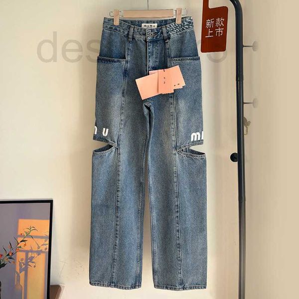 

women's jeans designer european new big pocket large break printed straight leg wide denim pants for women gvha, Blue