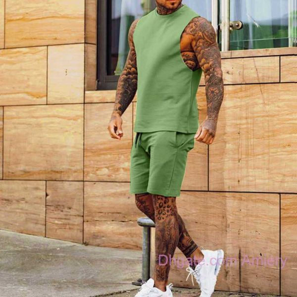

new sports suit men's tracksuits vest two piece shorts set casual thin capris sleeveless solid color camisole shorts two-piece suit, Gray