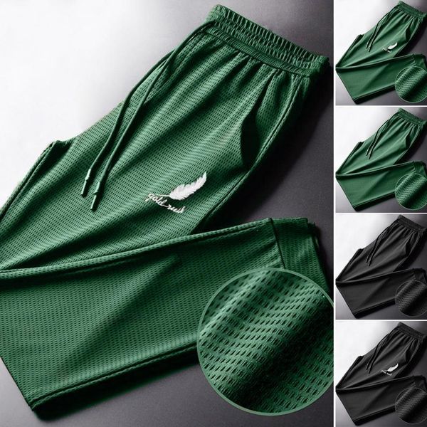 

men's pants men casual pants ice silk mesh feather print drawstring trousers summer men pockets sports pants sweatpants pantalones homb, Black