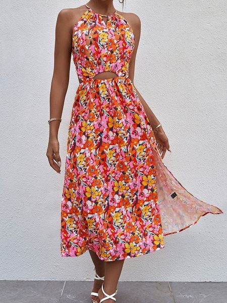 

basic casual dresses summer flower midi dress women's fashion backless hollow bandage sewn beach sun dress casual sling red a-line dres, Black;gray