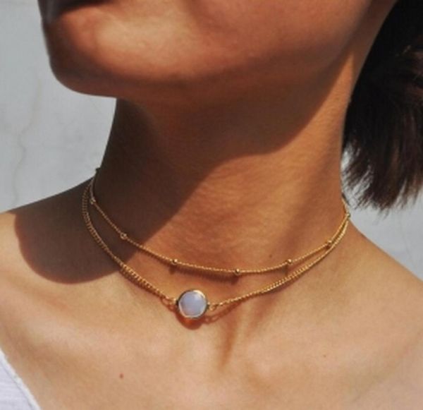 

european and american jewelry crossborder supply simple gemstone pendant round bead chain double clavicle chain short lady neckla1490340, Silver