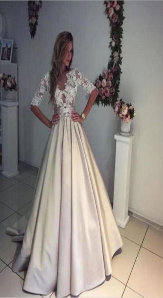 

2017 beach wedding gowns ivory and champagne v neck sheer 34 long sleeves waist ribbon court train pearls buttons closure bridal 5270876, White