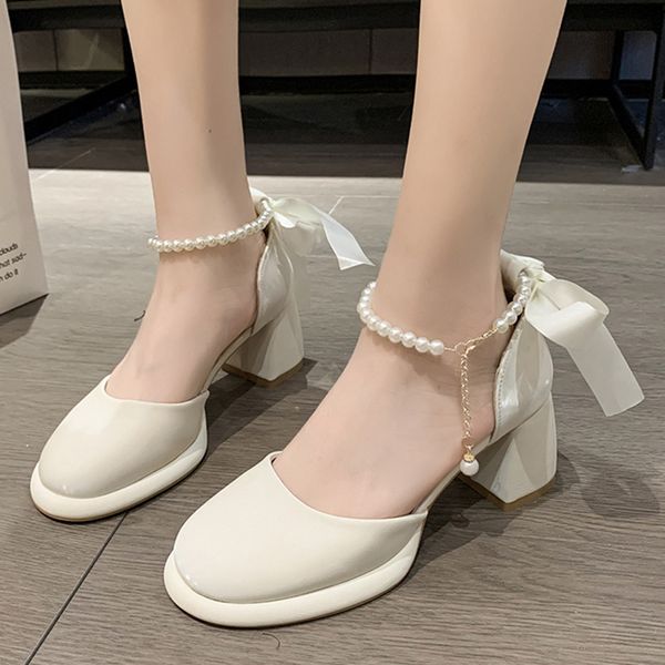 

dress shoes pearl ankle buckle thick heel pumps women back bowtie lace up mary jane shoes woman autumn platform high heels dress shoes 23071, Black