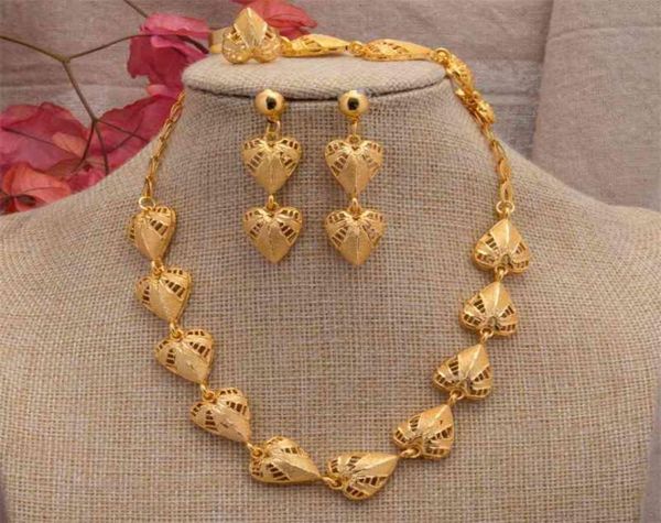 

24k dubai gold jewelry sets for women african bridal wedding gifts party necklace hearth earrings ring bracelet jewellery set7099429, Silver