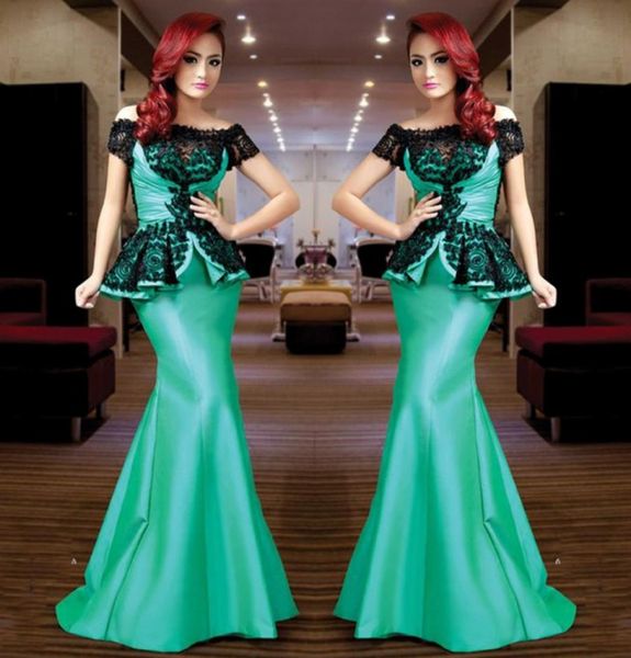 

charming green mermaid evening gowns black lace appliques off shoulder prom dresses peplum arabic women formal party dress 583829, Black;red