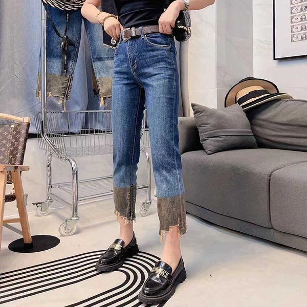 

gradient jeans for women's spring and autumn 2023 new fashion brand elastic slim 9/4 small straight pipe pants, Blue