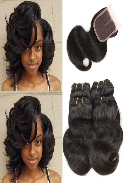 

8a brazilian body wave 4 bundles with lace closure brazilian human hair weave bundles with closure short hair extensions nat9552421, Black
