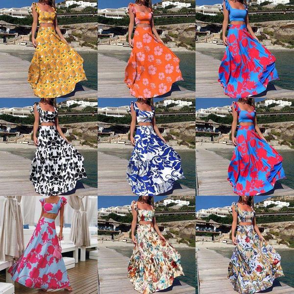 

summer womens bohemian long dress print sleeveless two piece set, Black;gray