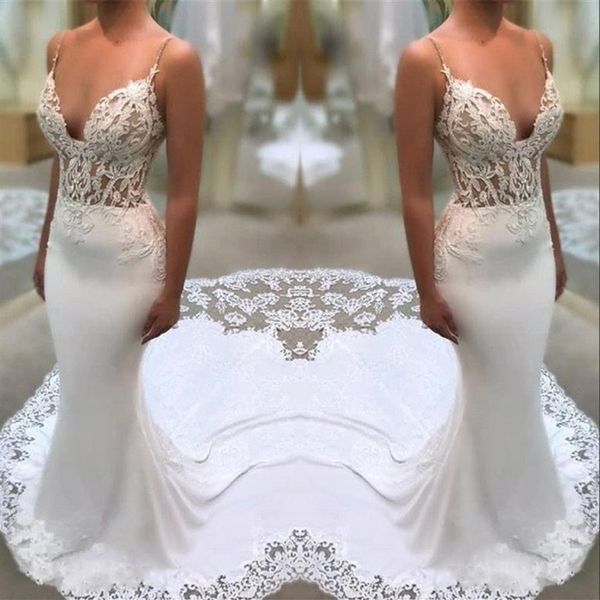 

white lace appliques wedding dresses sheath spaghetti straps mermaid illusion side bridal gowns with court train269p