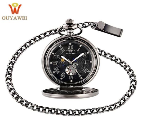 

ouyawei vintage pocket watch black case hollow dial moon phase function hand wind mechanical fob watch t2005023565512, Slivery;golden