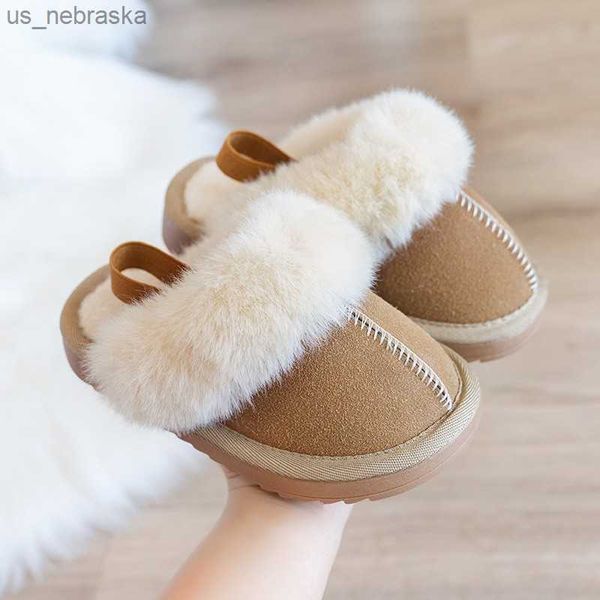 

luxury brand children fur slippers boot retro round head cotton baby girl boy winter plush warm home shoes nonslip kids slipper l230518, Black;grey