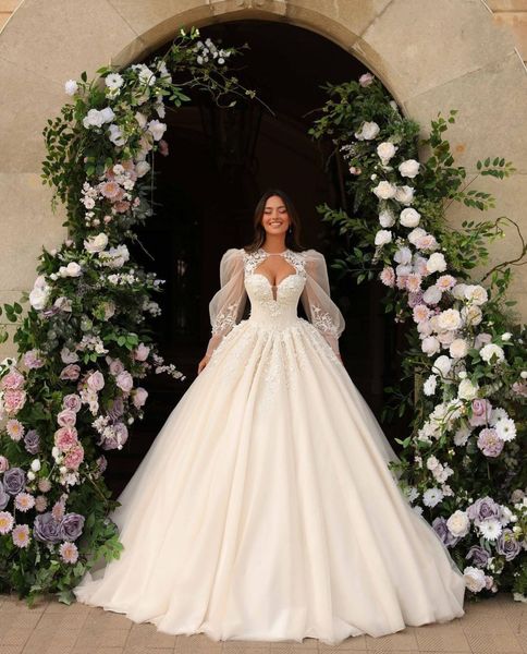 

elegant ball gown wedding dresses long puffy sleeves v neck halter sequins appliques floor length ruffles zipper plus size bridal gowns dres, White