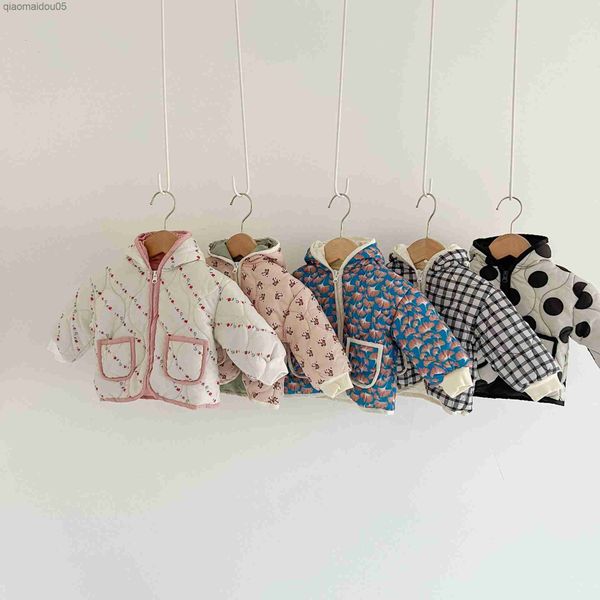 

2023 winter new baby warm coat long sleeve newborn hooded padded jacket cute boy girl dot plaid floral coat thick baby clothes l230712, Blue;gray