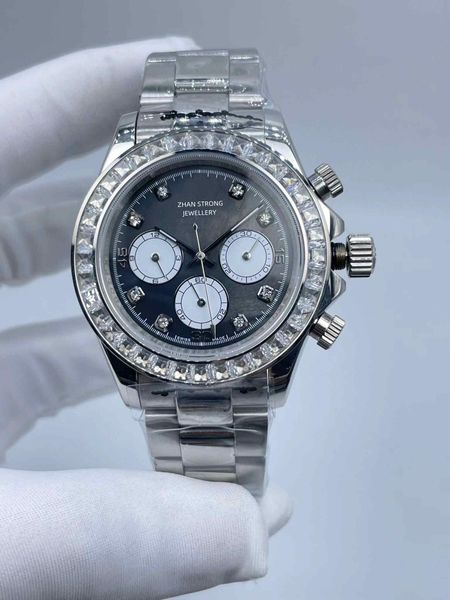 

mens watches 40mm diamond iced out automatic mechanical movement men wristwatch stainless steel black leather strap classic sports waterproo, Slivery;brown