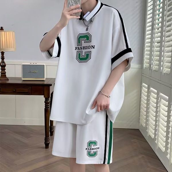 

men s tracksuits summer loose casual short sleeved t shirt shorts suit boys teenagers handsome high street sports fitness two piece set 2307, Gray