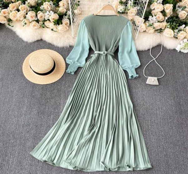 

casual dresses waisted pleat slimming elegant chiffon dress women 2022 spring french style puff long sleeve holiday robe maxi plea1420462, Black;gray