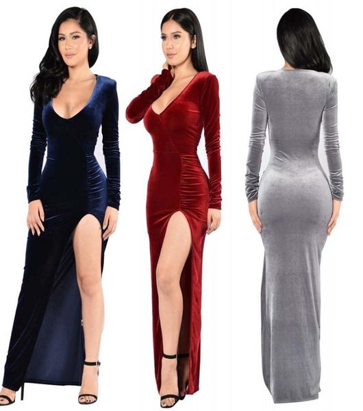 

velvet autumn long dress christmas women costumes evening party dress long high vents plus size casual dresses8213215, Black;gray
