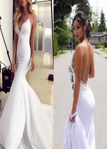 

mermaid wedding dresses deep v neck spaghetti straps appliques lace satin backless wedding dresses beach bridal dress2936017, White