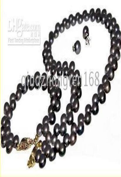 

new fine pearl jewelry charming 89mm black fresh water pearl necklace set8753694