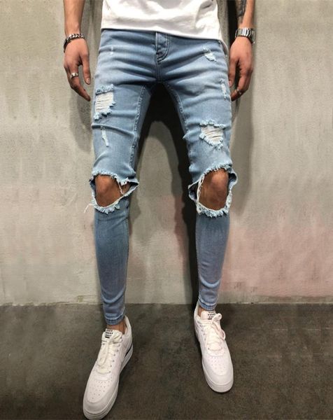 

stretch men knee ripped skinny jeans urban clothing punk korean blue black denim designer distressed joggers pants9551867