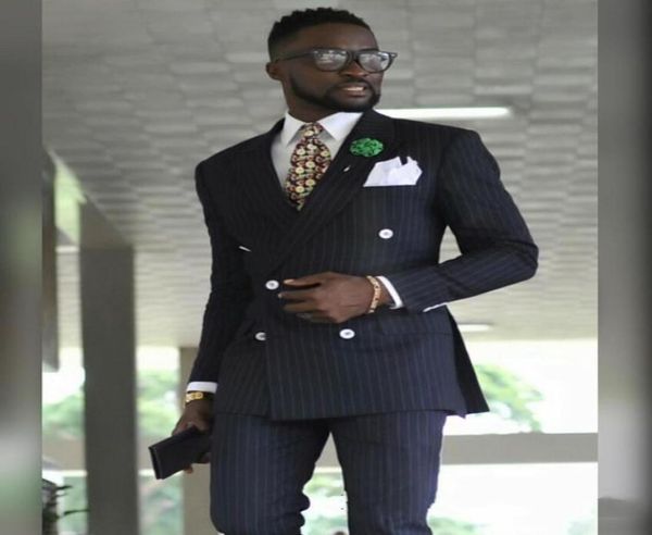 

brand new navy blue stripe men wedding tuxedos fashion groom tuxedos peak lapel doublebreasted men blazer 2 piece suitjacketpan6441007, Black;gray