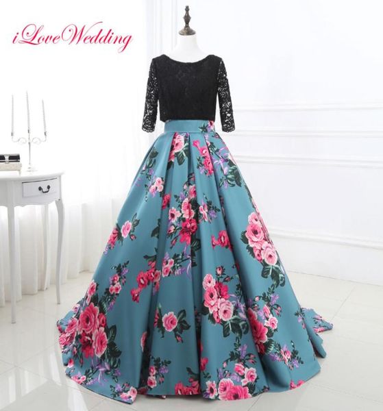 

flower printing prom dresses ball gown o neck lace up backless 2017 vintage lace party evening gowns red carpet formal 1817008, Black