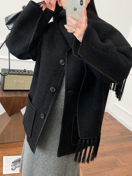 

23fw tot-em single-breasted tassel scarf wool coat grey colors; grey and apricot black, Black;brown