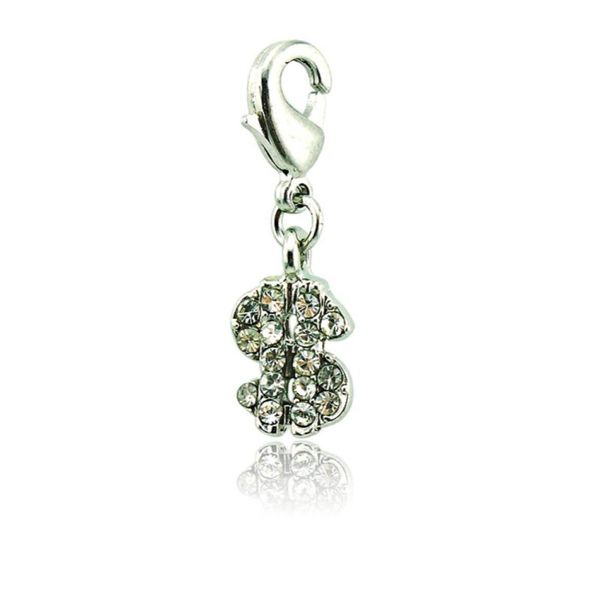 

30 pieces bulk floating lobster clasp charms dangle white rhinestone money symbol charms for jewelry diy making accessories1419910, Bronze;silver