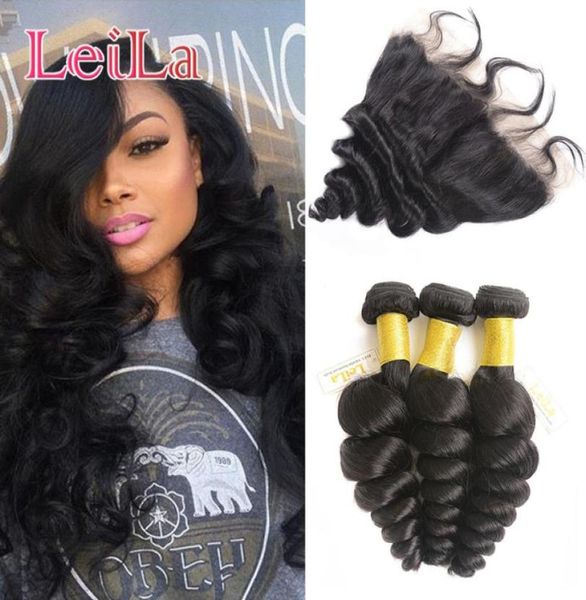 

brazilian human virgin hair loose wave 3 bundles with lace frontal 13 x 4 closure 4 pieceslot hair wefts weave5582827, Black;brown