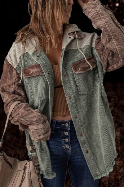 

women's jackets crlaydk retro jacket cotton distressed hooded boyfriend corduroy shirt coat with pockets button down shackets 230719, Black;brown