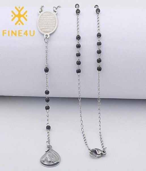 

pendant necklaces fine4u n415 stainless steel muslim arabic printed necklace black color beads rosary jewelry17066368, Silver
