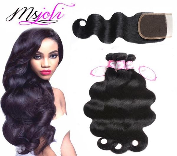 

peruvian virgin human hair weave unprocessed body wave natural color 4x4 lace closure with three bundles from ms joli3511904, Black;brown