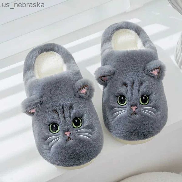 

cuddly cat plush slippers for women winter plush shoes slides cute cartoon cat fuzzy supple cotton slipper ladies home slipper l230518, Black;grey
