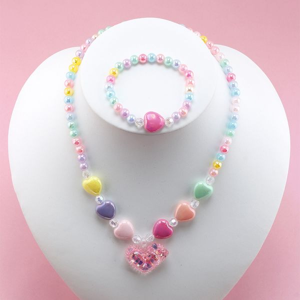 

pink heart bracelet necklace combination colorful acrylic handmade diy beaded jewelry accessories, Silver