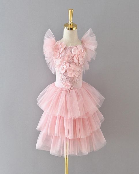 

girls party dress 2021 children beaded lace ruffle fly sleeve tulle tutu dress girls tiered tulle cake dress kids princess dresses8648984, Red;yellow