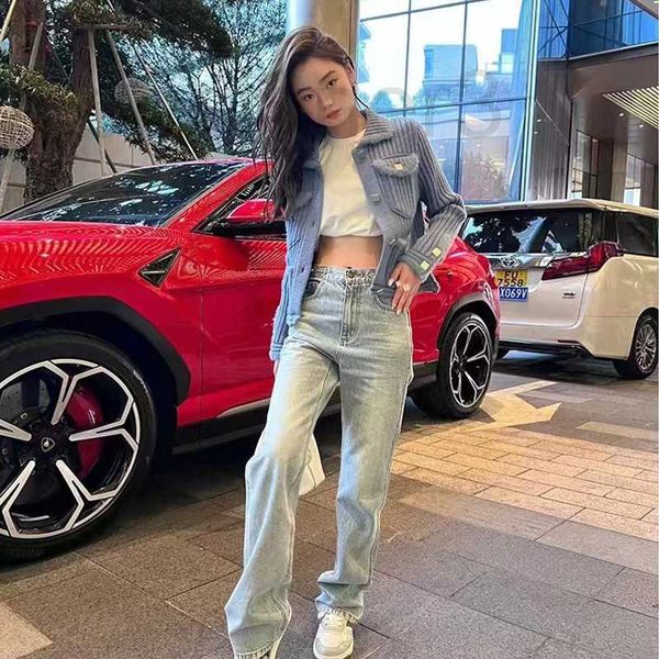 

women's jeans designer design triumphal arch metal chain blue wash high waist straight leg for women 8d40