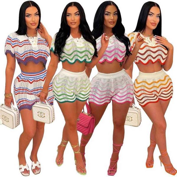 

women tracksuits two pieces set designer 2023 new handmade knitted casual shorts set 4 colours s-xxl, Gray