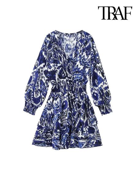 

urban dresses traf women fashion with ruffles printed mini dress vintage long sleeve elastic waist female vestidos mujer 230719, White;black