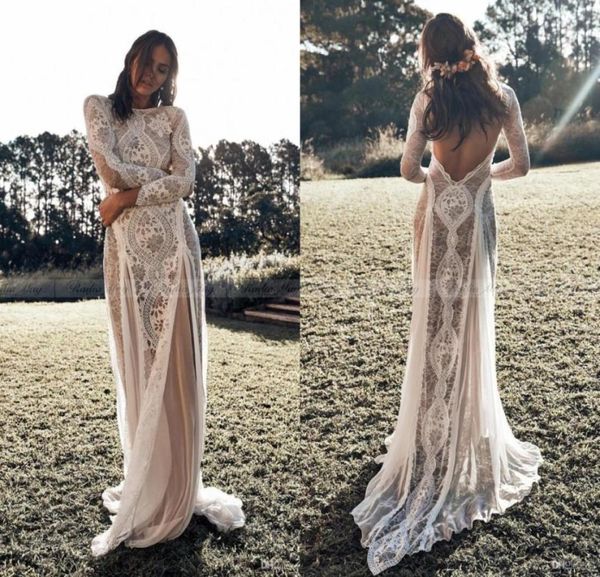 

vintage lace boho beach wedding dresses long sleeve applique backless country style bohemian wedding dress bridal gowns hippie gyp8442962, White