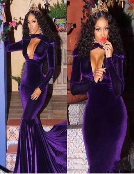 

plus size prom dresses mermaid long sleeves plunging v neck velvet evening dresses custom made purple formal dresses3434904, Black