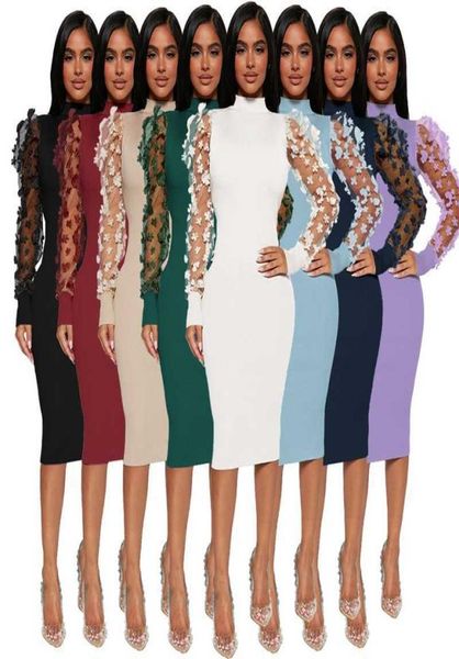 

2023 spring fall womens dresses designer slim mesh sleeve 3d flower patchwork fashion elegant bodycon casual dress5635235, Black;gray