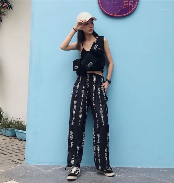 

trend hip hop harajuku pants fashion chinese characters printed loose wide leg women elastic waist casual retro trousers women036373310, Black;white