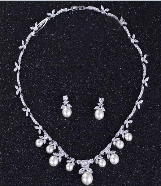 

brand new 2019 exquisite pearls rhinestone platinum jewelry necklace earring set for wedding bridal prom evening3085717, White