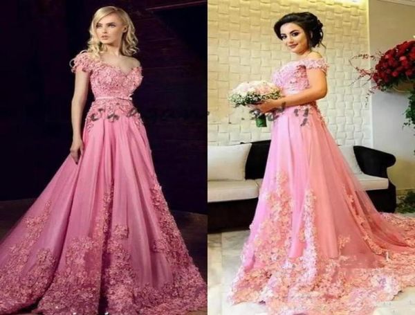 

new tony chaaya modest evening dresses 3d floral applique off shoulder dubai arabic kaftan full length princess pink custom made p1159636, Black;red